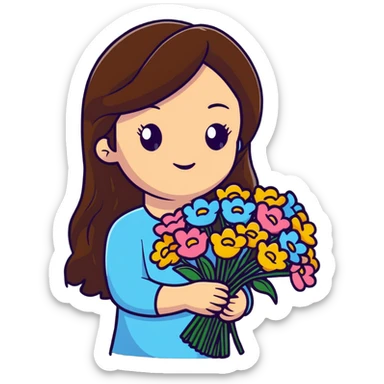 Cool girl with long brown hair holding a bouquet of flowers sticker
