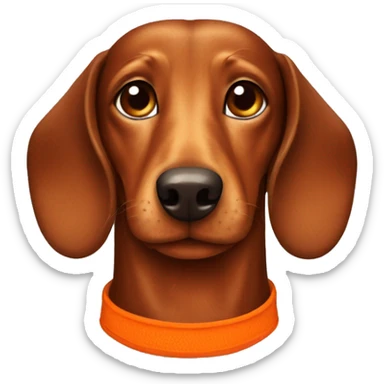 a brown dachshund with a orange collar sticker