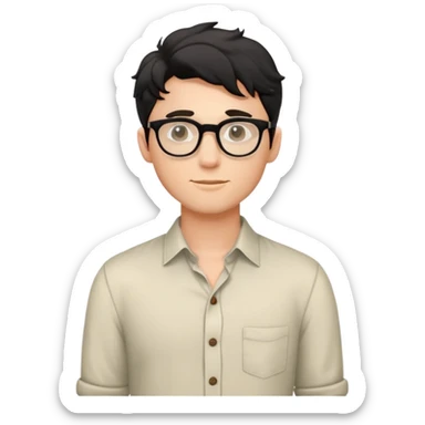 Young caucasian man with black wavy hair, round glasses, torso only, wearing relaxed buttoned-up shirt without a tie sticker