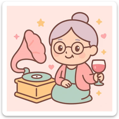 old lady with wineglass listening to gramophone sticker