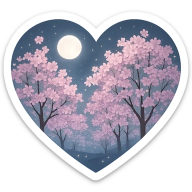heart with a moonlit cherry blossom grove, clean digital illustration sticker