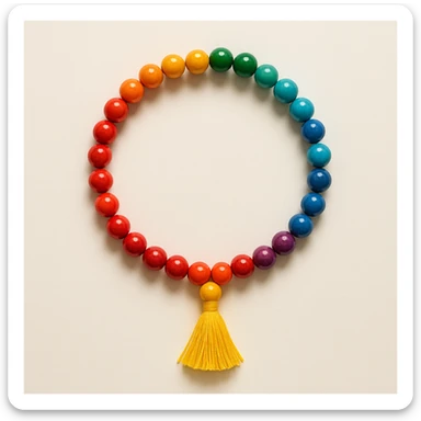 prayer beads, colorful, arranged in a circle, bright tassel, minimal background sticker