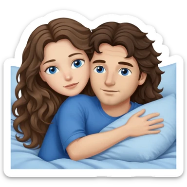 Man with dark brown wavy hair and  brown eyes and one woman with long dark blond wavy hair and blue eyes in bed cuddling  sticker