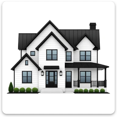 modern farmhouse with white siding, black roof and black trim, exterior view, 3d sticker