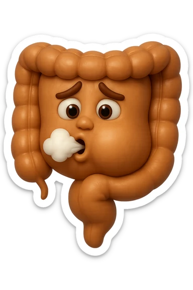 emoji stile iphone di un intestino che ingoia una nuvoletta di aria ben visibile e gli si gonfia la pancia, iperrealistico 4k sticker