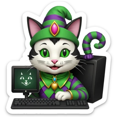 mac os icon code computer retro terminal, black, green white, fantasy court jester cat draw as ASCII code inside the terminal sticker