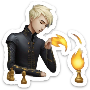 Hamlet young skinny sad man iridescent hair wearing raven feathers with golden flames yin yang chess board sticker