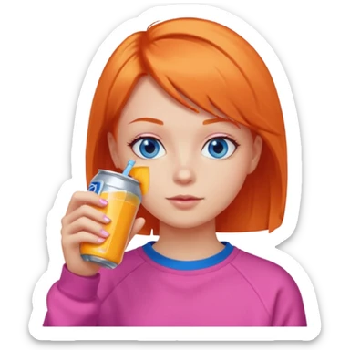orange short hair girl sipping energy drink, blue eyes, pink sweatshirt sticker