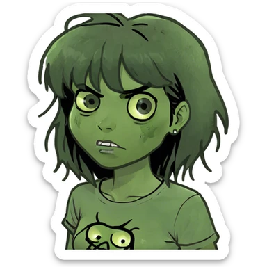 zombie girl with big black hair and bangs and greenish skin  sticker