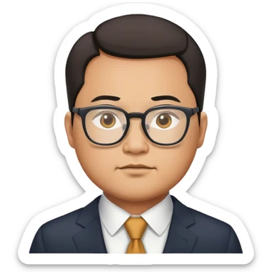 A slightly fat Asian man wearing a suit and glasses with a strong aura sticker