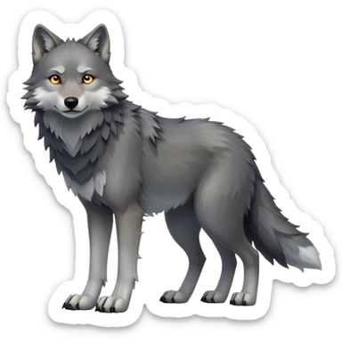 cinematic-[wolf]-realistic-full-body-standing-emoji,-tail-resting-loosely-beside-its-paws,-head-tilted-dramatically, -scruffy-[grey]-fur,-simplified-yet-realistic-focused-features,-highly-detailed,-glowing-with-an-almost-sarcastic-glow sticker