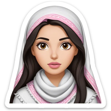A woman with long, dark hair wears a traditional white keffiyeh, her makeup is well done, with defined eyebrows and soft pink lips  sticker