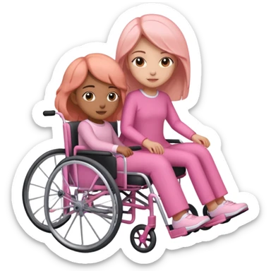 One peach skin sister pushing her light brown skin sister in a pink wheelchair sticker