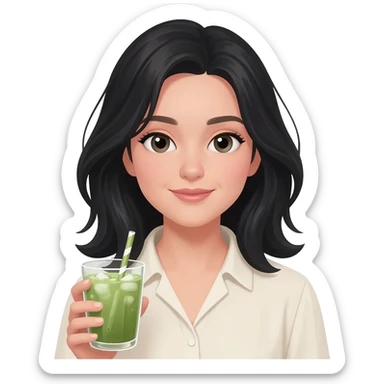 white girl in black layered hair with iced matcha sticker