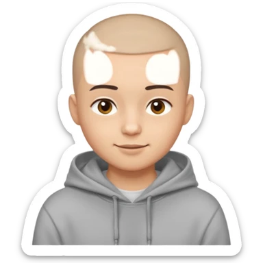 Light skin tone
Buzz cut (very short hair)
Thick, straight eyebrows
Big round brown eyes
Small closed-mouth smile
Wearing a grey hoodie over a white T-shirt sticker