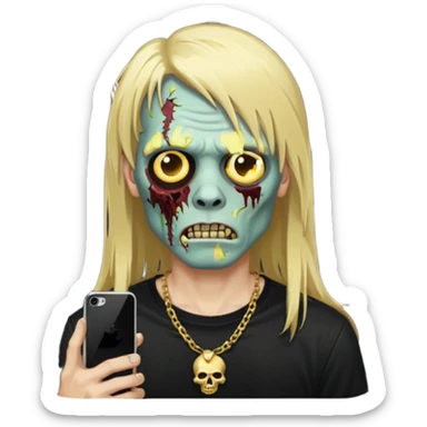 make a iphone emoji who is a zombie man with long blonde hair with bangs, with a black punk shirt and a golden neckless sticker