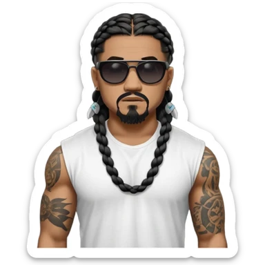 Samoan male. Chin goatee.
Unticked loose fitting white t-shirt. 
long black braided hair.
very muscular.
More tattoos. 
Tough and menacing.
Dark black square sunglasses. sticker