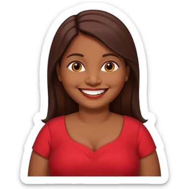 50 yr old chubby Sri Lankan woman, dark skin, straight brown hair, big smile, white teeth, red dress clothes, longer hair straight sticker