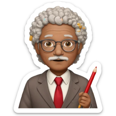 old man teacher, brown skin, curly grey white hai, wearing glasses, brown suit, red tie hold chalk on hand sticker