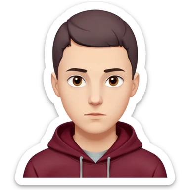 young white European male with short buzzcut dark hair, smooth clear skin, wearing a maroon hoodie with the hood up, oval-shaped face, defined jawline, high cheekbones, symmetrical features, sharp focused eyes, straight prominent eyebrows, calm neutral expression sticker