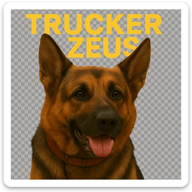 Apply maximum compression to reduce file size as much as possible while keeping transparency, realistic German Shepherd, and yellow 'Trucker Zeus' text. sticker