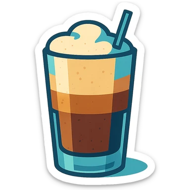 stylized illustration of greek freddo espresso in tall glass with visible layers of coffee and foam, cool tones sticker