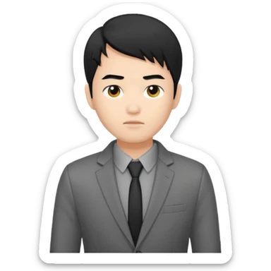 asian young man with black hair covering forehead in grey blazer and black t-shirt  sticker