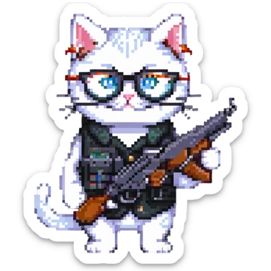A cat with glasses and a gun sticker