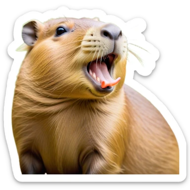 Cinematic Cute Yawning Capybara Portrait Emoji, Head tilted slightly with a dramatic, wide-open yawn, showcasing a plush, rotund body with a gently relaxed capybara face, including a short snout and subtly drooping ears, with drowsy, half-closed eyes rendered in exquisite detail; high shine, relaxed yet expressive, styled with a dash of playful natural charm, soft glowing outline, capturing the essence of a sleepy yet affectionate capybara that appears ready to stretch out for a peaceful nap! sticker