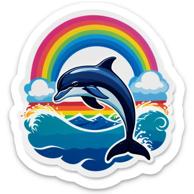 Ocean with rainbow and dolphin jumping sticker