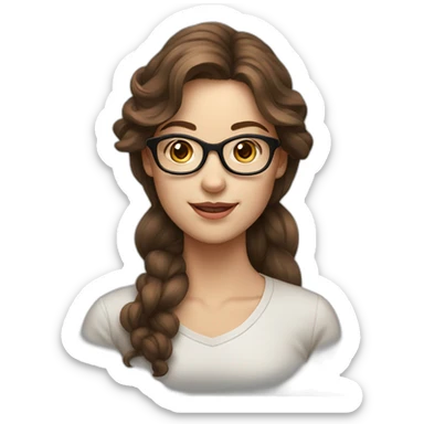 young lady, white skin, wavy brown hair, glasses, sticker
