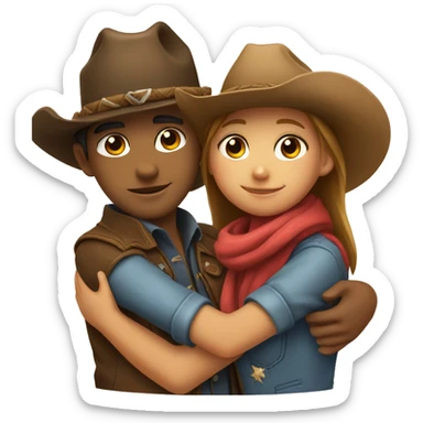 Girl and boy hugging, boy is wearing a cowboy hat sticker
