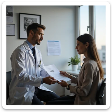 hyperrealistic scene in 4K of a male nutritionist wearing a white coat handing a sheet with the word 'dieta' to a seated female patient in his medical office sticker
