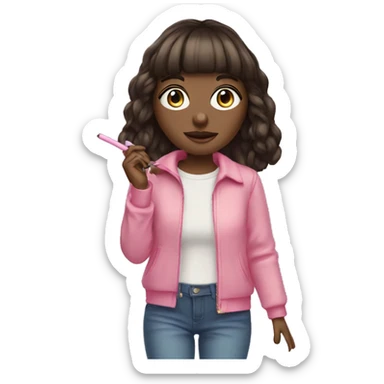 Brunette blue eyed girl with bangs pink outfit with a cbd blunt in her hand  sticker