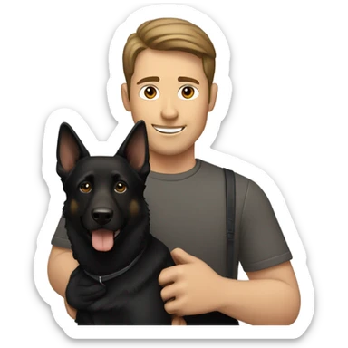 man with little brown hair carrying a black German shepherd dog sticker