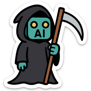 flat toon style AI robot as the Grim Reaper with simple shapes, bold lines, holding a scythe sticker