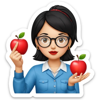 Guatemalan Girl with Black hair and Nerdy Glasses sticking up pointer finger, holding an apple sticker