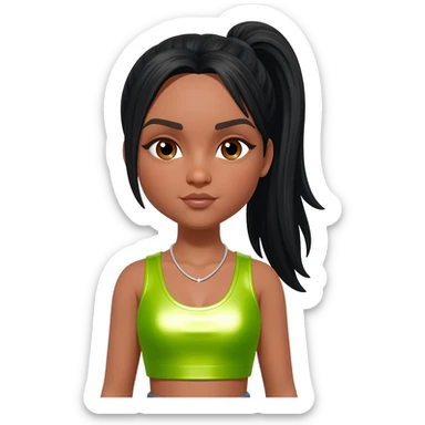 Left Eye from TLC with brown eyes, black ponytail hair, lime green metallic crop top, silver necklace sticker