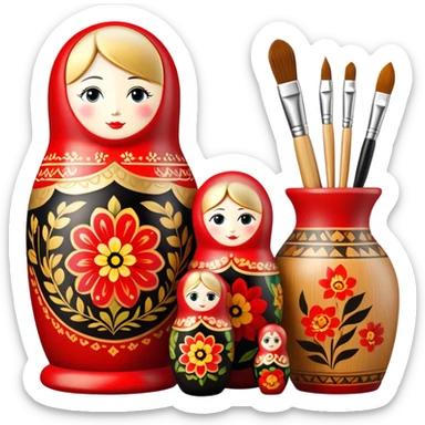 Wood painting icon, painted wooden matryoshkas (nesting dolls) of various sizes, vase, and small wooden box, visible carving tools, paintbrushes, traditional patterns in bright colors like red, gold, and black, no finished artwork, just the crafting process, minimalistic style, clean lines, transparent background. sticker
