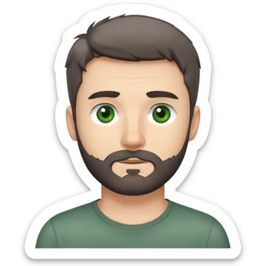 white man with dark messy short hair, dark green eyes, gray t-shirt, and short beard sticker