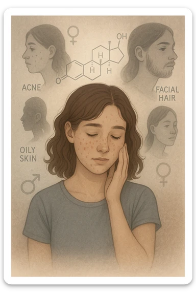 A young woman is surrounded by faint overlays of hormonal symbols and androgen molecules, with shadowy images of acne, facial hair, and oily skin projected around her, symbolizing the symptoms of PCOS with androgen excess. She looks down, gently touching her face with a resigned but hopeful expression, symbolizing her journey toward managing these symptoms. sticker