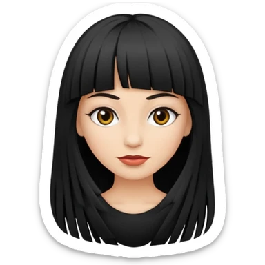 Faça um emoji de uma mulher branca, com cabelo liso preto longo, e com uma franja acima da sombrancelha. sticker