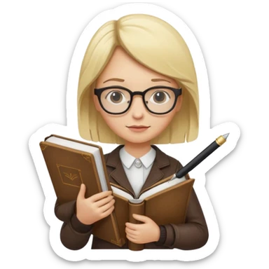 writer holding pen in hand and closed book in other hand, with blonde hair and wearing glasses sticker