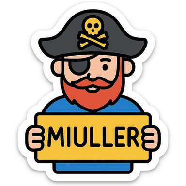 a classic pirate with an eye patch and hat holding a sign that says MIULLER, colorful icon style, clean lines, neutral background sticker