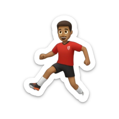 brown man juggling soccer ball, red shirt, black trousers, sneaker shoes, short hair, soccer ball,  sticker