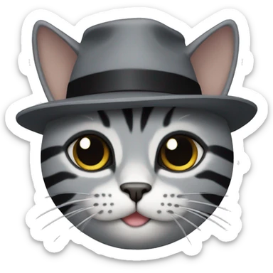 a gray cat with black stripes with a black hat sticker