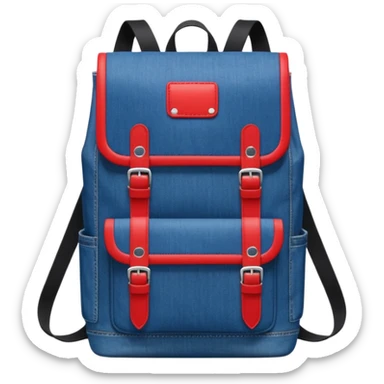Minimalist emoji-style icon of a stylish blue denim backpack with a flap top, two vertical black buckle straps, a large red-white-navy horizontal block in the center, and two zipper side pockets. Inspired by Tommy Jeans design. Front view, cartoon-like, clean design.

 sticker