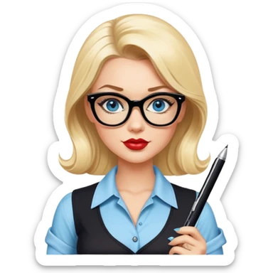 Sexy blonde, blue eyes, wearing black glasses, pinup style sticker holding a pen and note pad  sticker