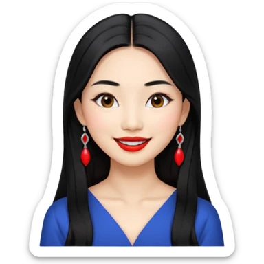 30 yr old asian woman, middle parted straight long black hair, very pretty, fancy dress, earings, red lipstick, silver earings sticker