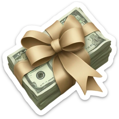 a bundle of money tied with a beige bow sticker